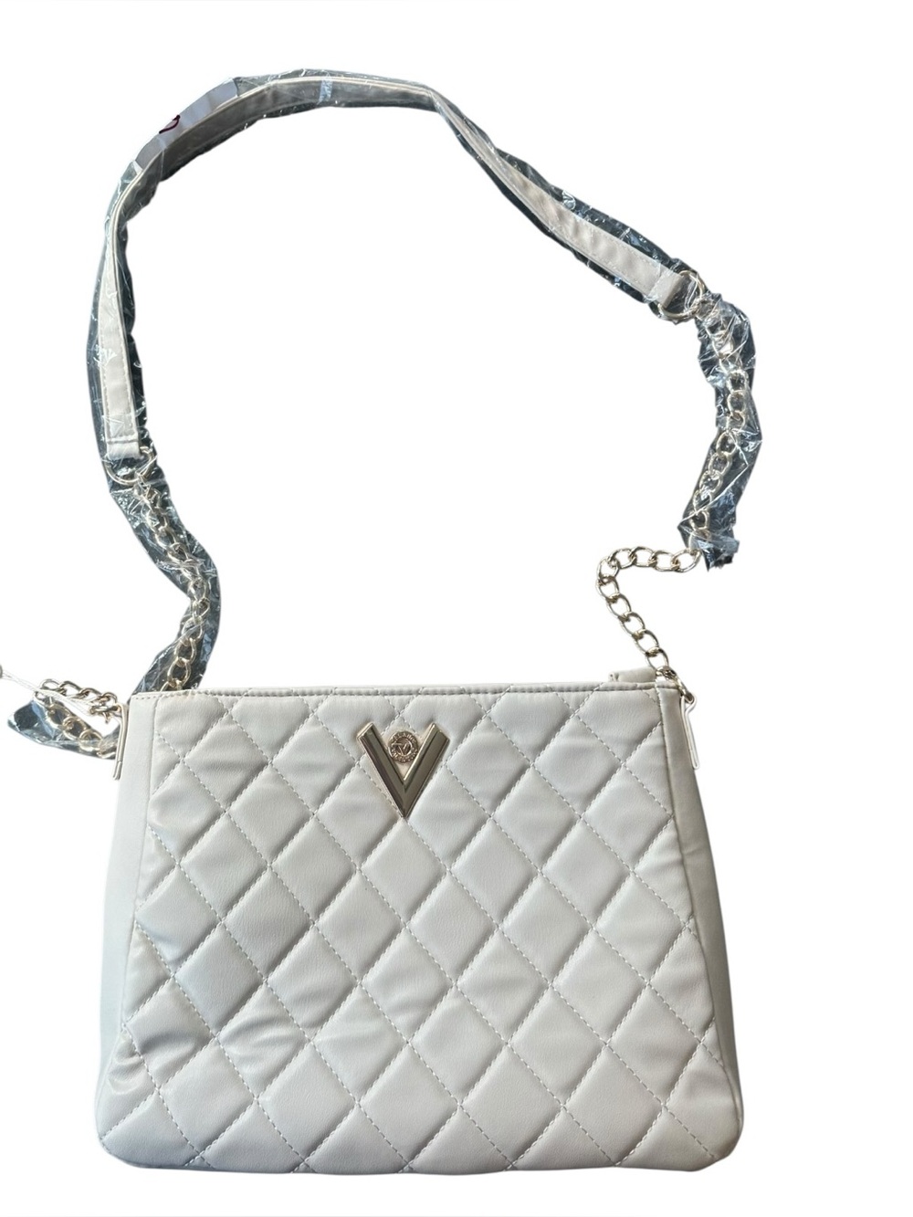 Valentino Orlandi Ivory Quilted Crossbody Purse Gold Chain Vegan Leather Bag NWT